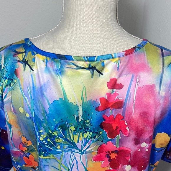 Colorful Short Sleeve Dress XL Pink Purple Yellow Floral Round Neckline Breezy - Picture 4 of 9